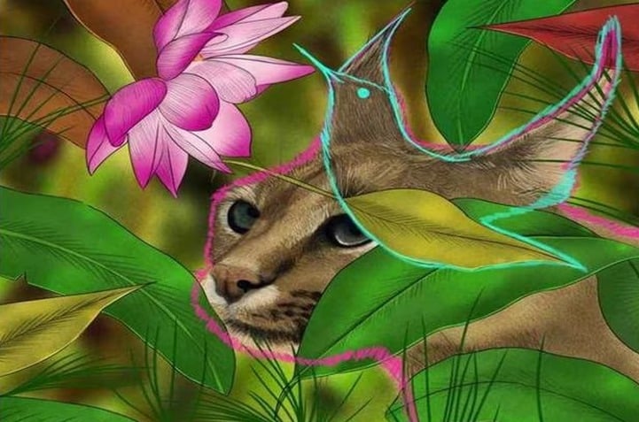 Solução do teste de QI com uma ilustração de felino escondido entre folhas e flores e um beija-flor escondido.