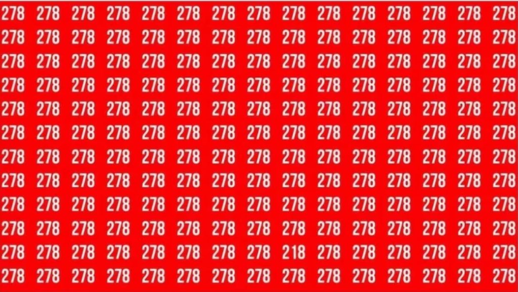 Desafio visual com diversos números 278 em fundo vermelho, escondendo o número 218
