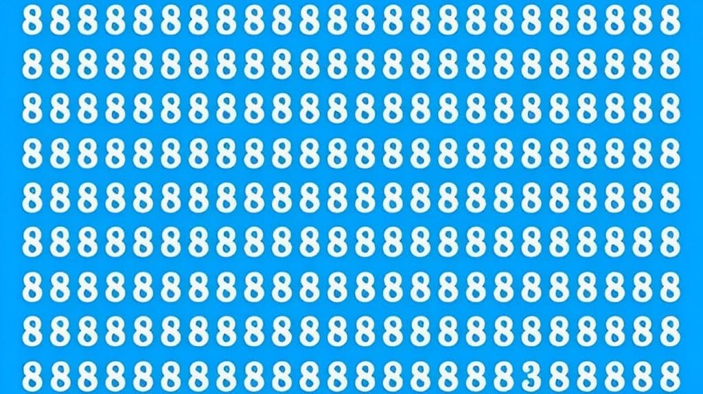 Vários números 8 brancos sobre fundo azul com um número 3 oculto entre eles