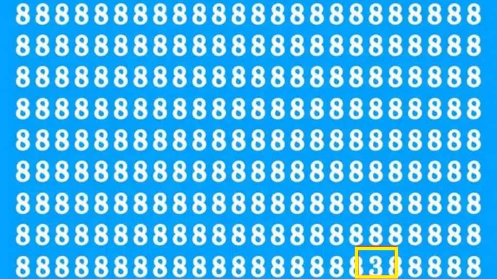 Solução do teste de QI com vários números 8 brancos sobre fundo azul com um número 3 oculto entre eles