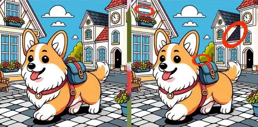 Jogo dos erros com um cachorro corgi e um cenário de vila, buscando as diferenças entre duas imagens