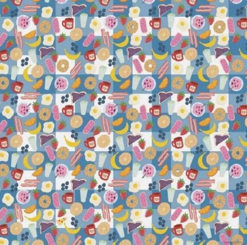 Imagem de uma padronagem colorida com diversos alimentos como waffles, bacon, frutas, donuts e bebidas sobre um fundo azul.