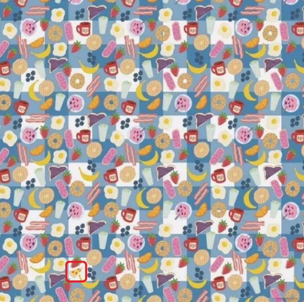 Solução do teste visual de uma padronagem colorida com diversos alimentos como waffles, bacon, frutas, donuts e bebidas sobre um fundo azul