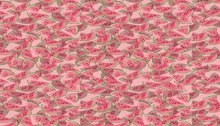 Teste visual com padrão repetitivo de fatias de melancia com casca verde e polpa rosa sobre fundo suave
