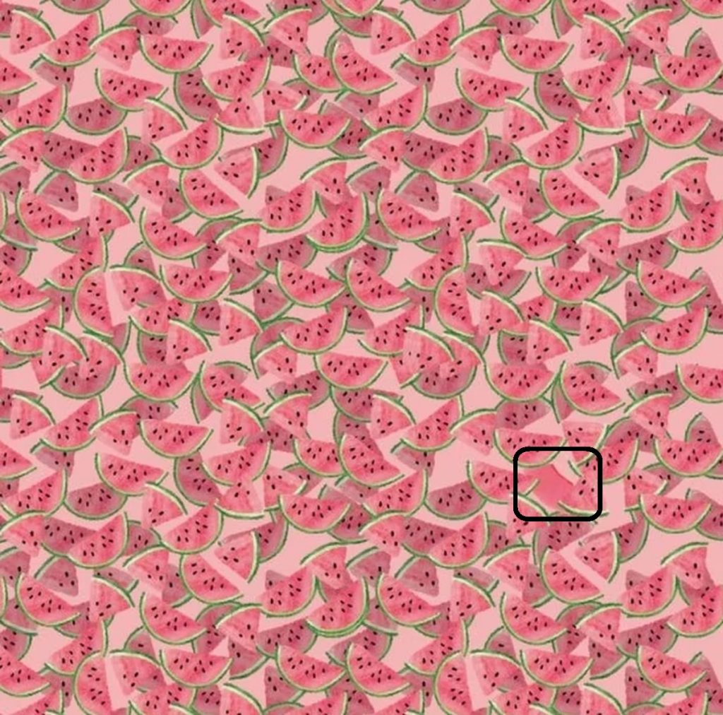 Teste visual com padrão repetitivo de fatias de melancia com casca verde e polpa rosa sobre fundo suave
