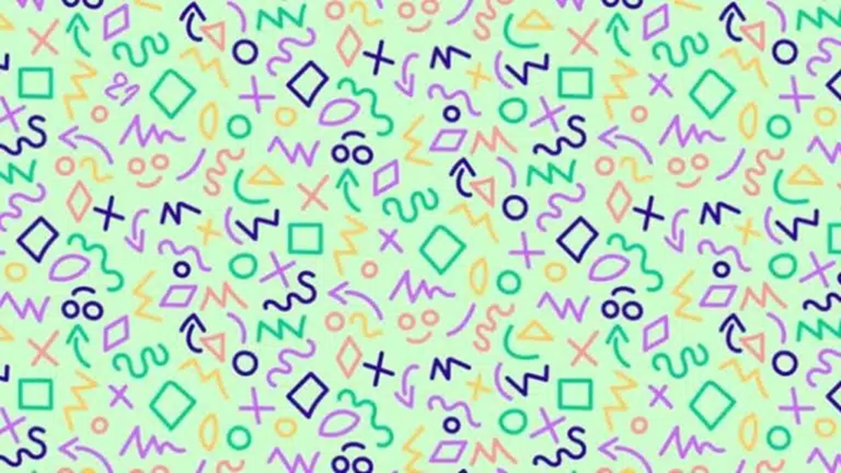 Teste visual com padrão de formas geométricas coloridas sobre fundo verde claro e com o número 21 escondido.