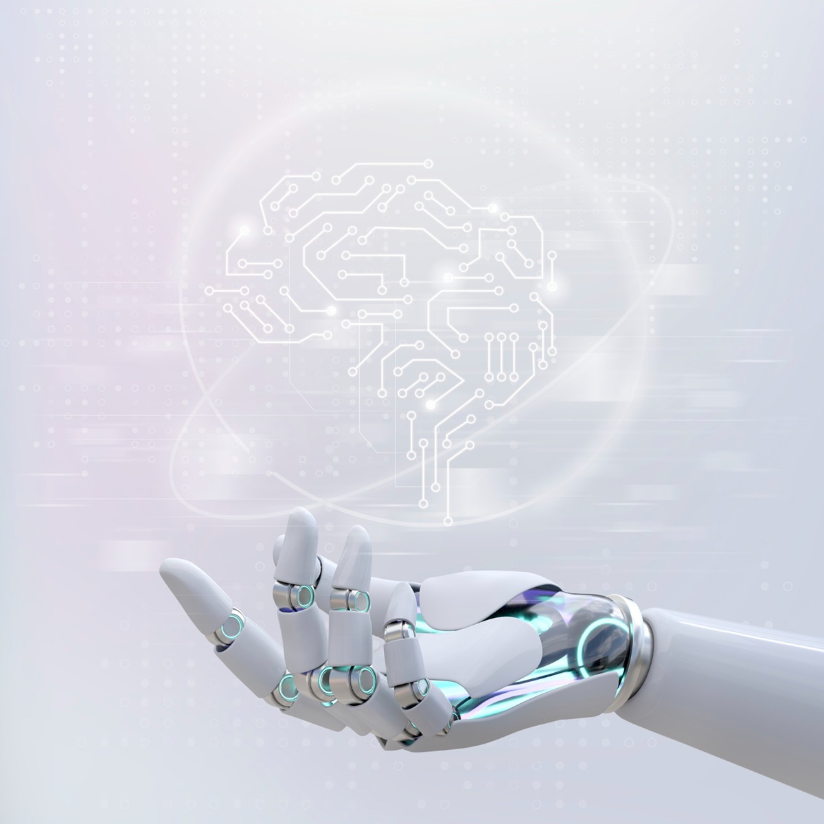 Mão robótica com ícone digital de cérebro representando inteligência artificial.