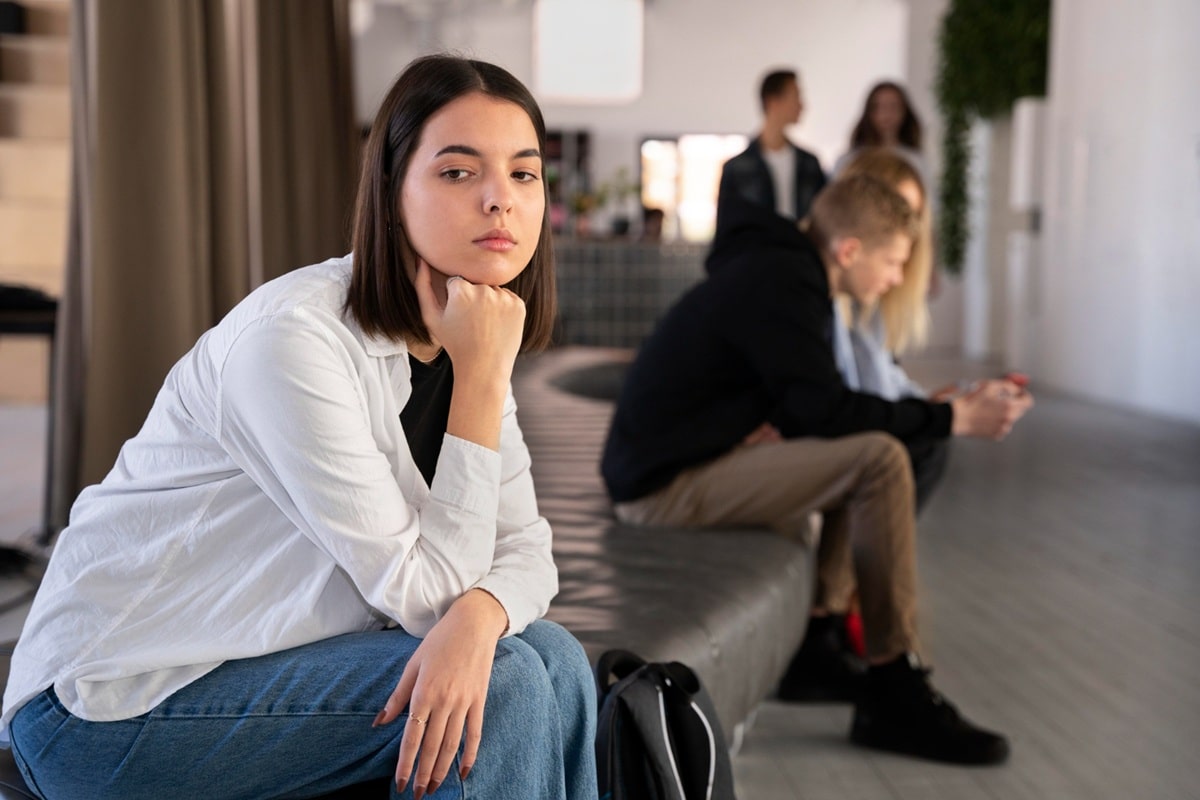 Mulher pensativa observando ao longe em um ambiente com outras pessoas ao fundo