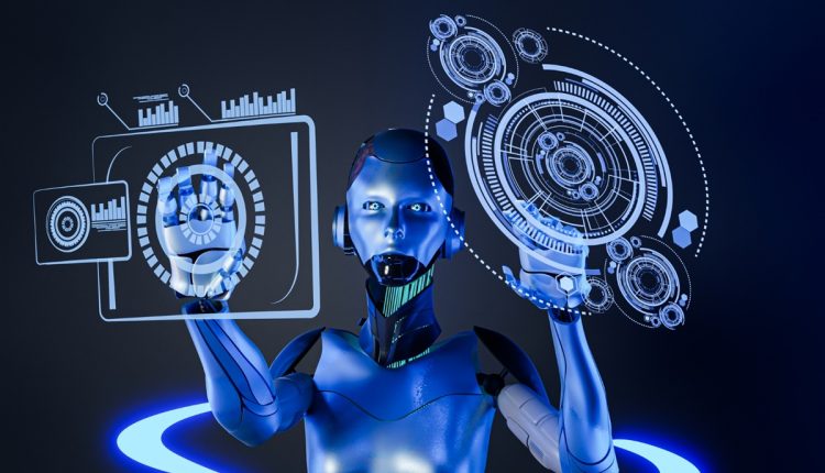 Interface futurista com robô interagindo com gráficos digitais