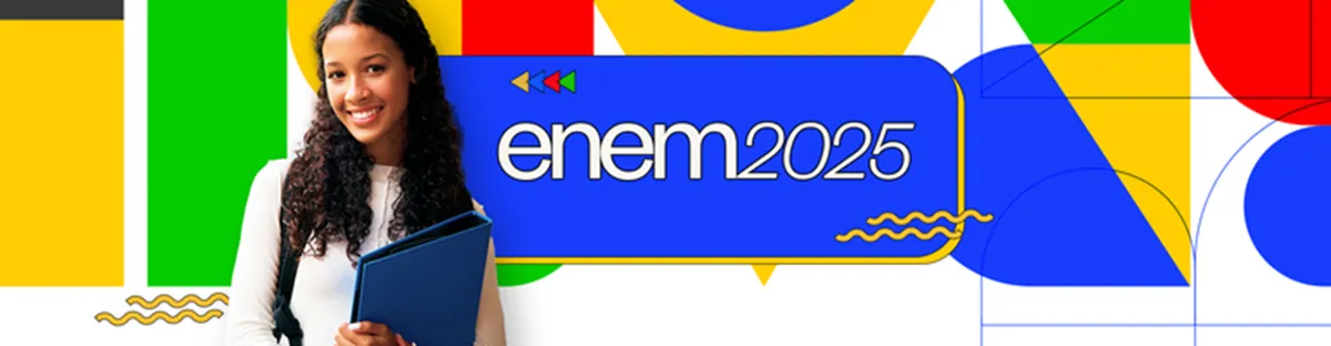 Estudante com pasta e elementos gráficos coloridos do Enem 2025.
