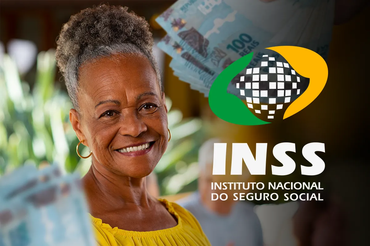  Mulher sorrindo e segurando cédulas de 100 reais, com o logo do INSS ao fundo, simbolizando o pagamento do 13º salário