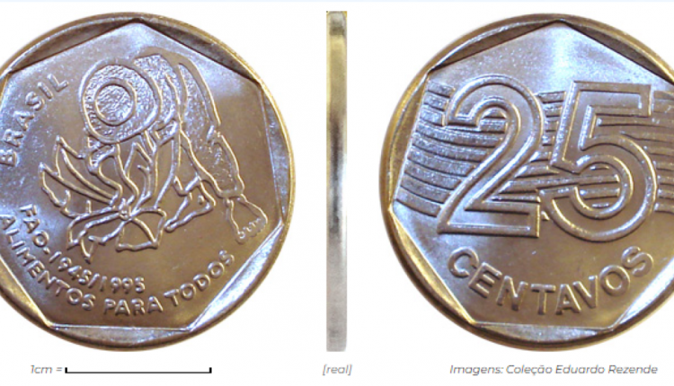 Moeda de 25 centavos da FAO com imagem de trabalhador e verso com valor 25 centavos