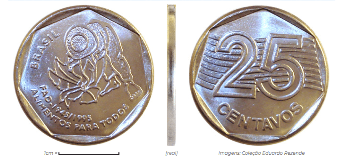 Moeda de 25 centavos da FAO com imagem de trabalhador e verso com valor 25 centavos