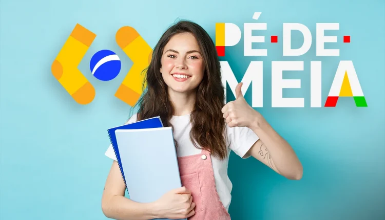 Jovem sorrindo e segurando cadernos com o logo colorido de Pé-de-Meia 2025 ao fundo.