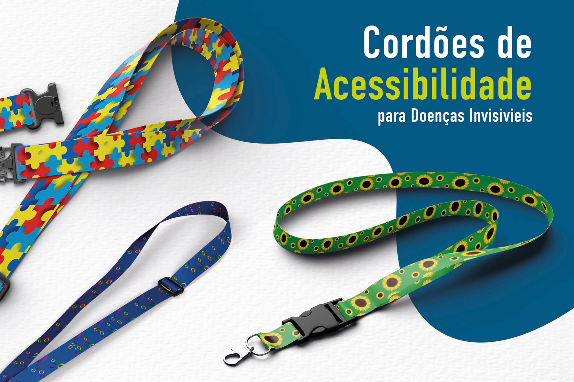 Cordões coloridos com padrões de símbolos, representando acessibilidade para doenças invisíveis.