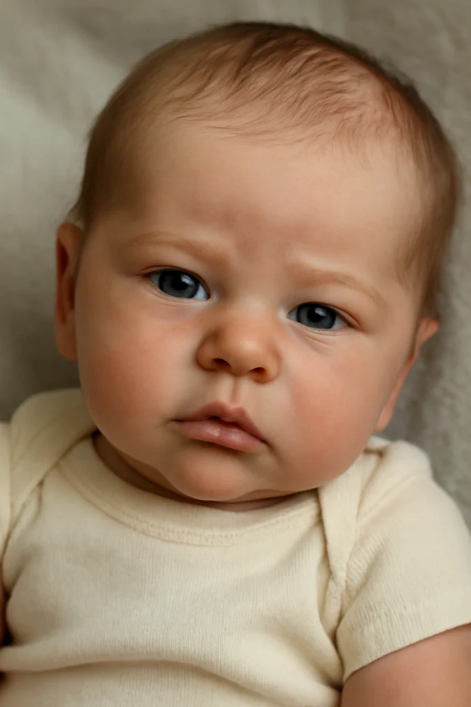Bebê reborn realista com expressão suave, usando roupa clara