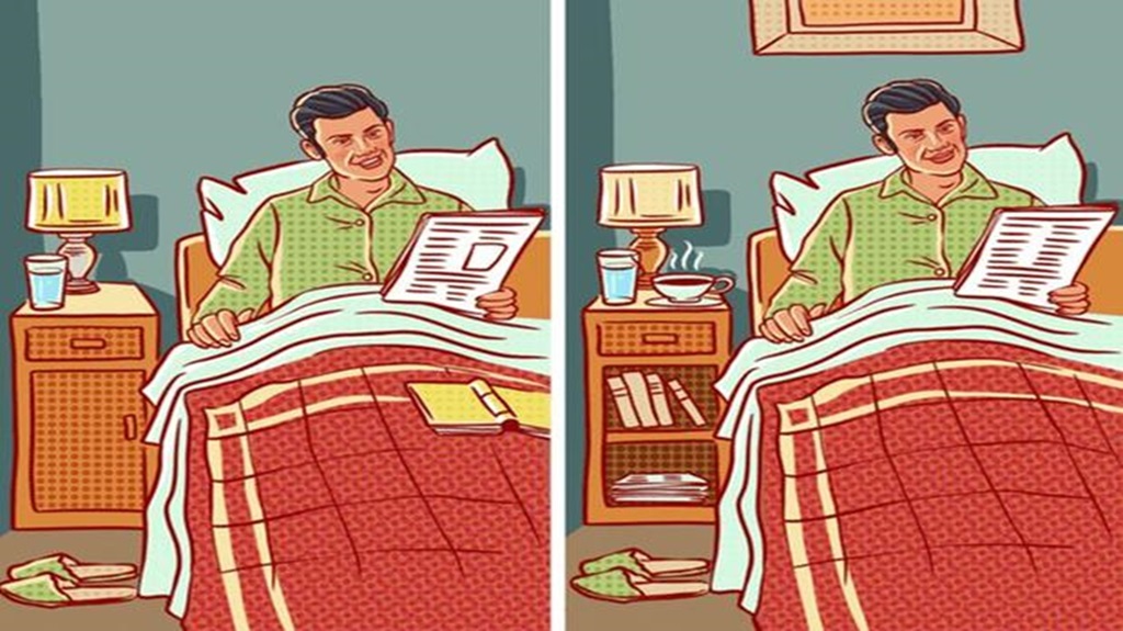 Ilustração de um homem lendo na cama com diferenças sutis entre duas imagens lado a lado, desafiando o observador a encontrar sete erros.
