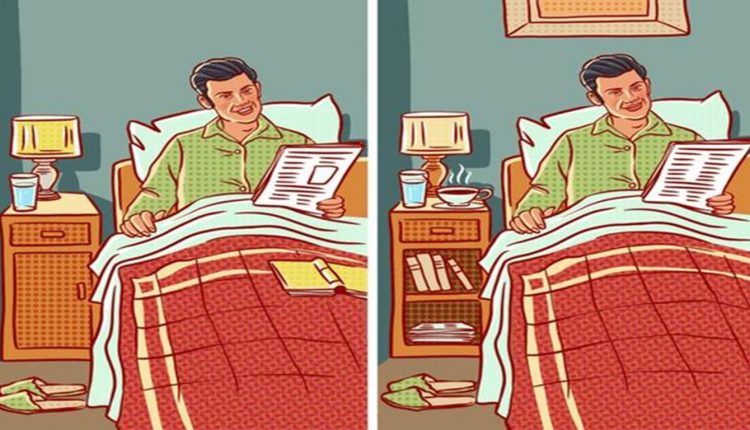 Desafio dos erros com uma ilustração de um homem lendo na cama com diferenças sutis entre duas imagens lado a lado, desafiando o observador a encontrar sete erros.