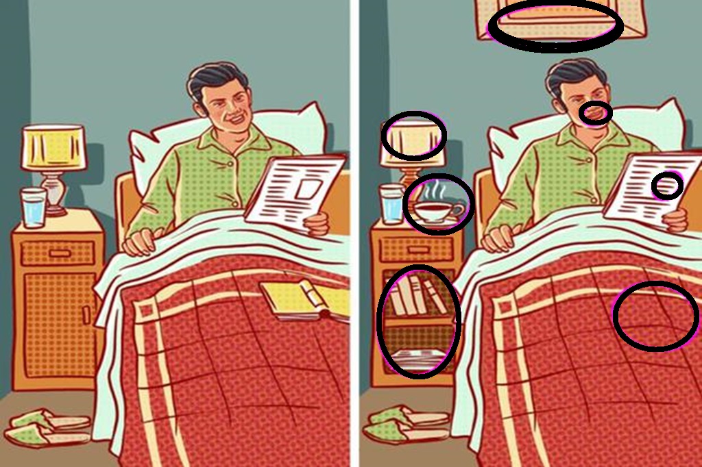Solução do desafio dos erros com uma ilustração de um homem lendo na cama com diferenças sutis entre duas imagens lado a lado, desafiando o observador a encontrar sete erros.