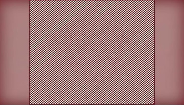 Desafio lógico com padrão de listras diagonais em tons de vermelho, usada como desafio visual para encontrar uma figura oculta.