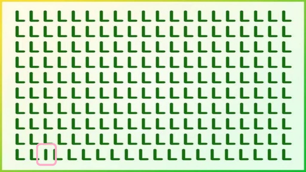 Solução do desafio lógico com várias letras 'L' dispostas em uma grade, com uma letra 'I' escondida entre elas.