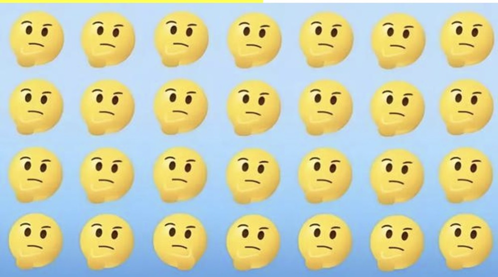 Imagem com várias versões do emoji pensativo, criando um desafio visual de encontrar o diferente.