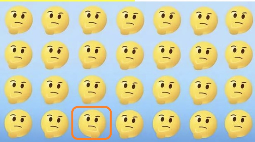 Solução do desafio lógico com várias versões do emoji pensativo, criando um desafio visual de encontrar o diferente.