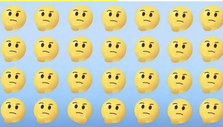 Desafio lógico com várias versões do emoji pensativo, criando um desafio visual de encontrar o diferente.