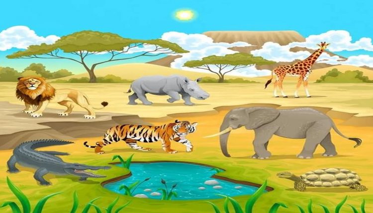 Desafio lógico com desenho de animais na savana ao redor de um lago, com leão, tigre, elefante, girafa, rinoceronte, crocodilo e tartaruga.