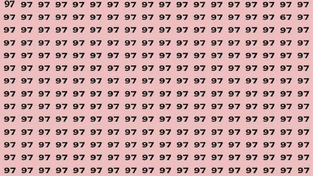 Desafio lógico com padrão repetido de números '97' em fundo rosa com um número '67' camuflado entre eles.