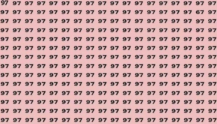 Desafio lógico com padrão repetido de números '97' em fundo rosa com um número '67' camuflado entre eles.