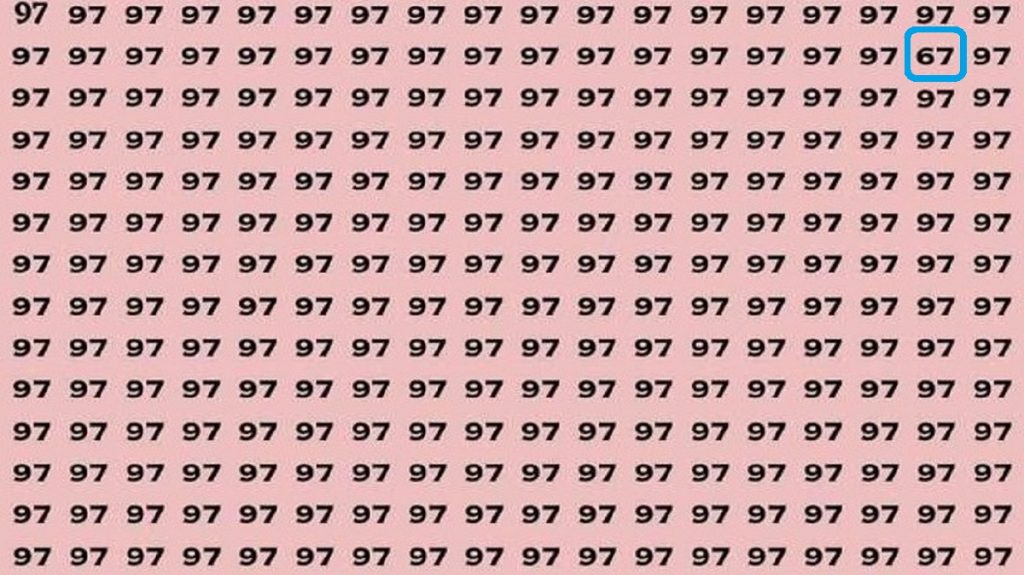 Desafio lógico com padrão repetido de números '97' em fundo rosa com um número '67' camuflado entre eles.