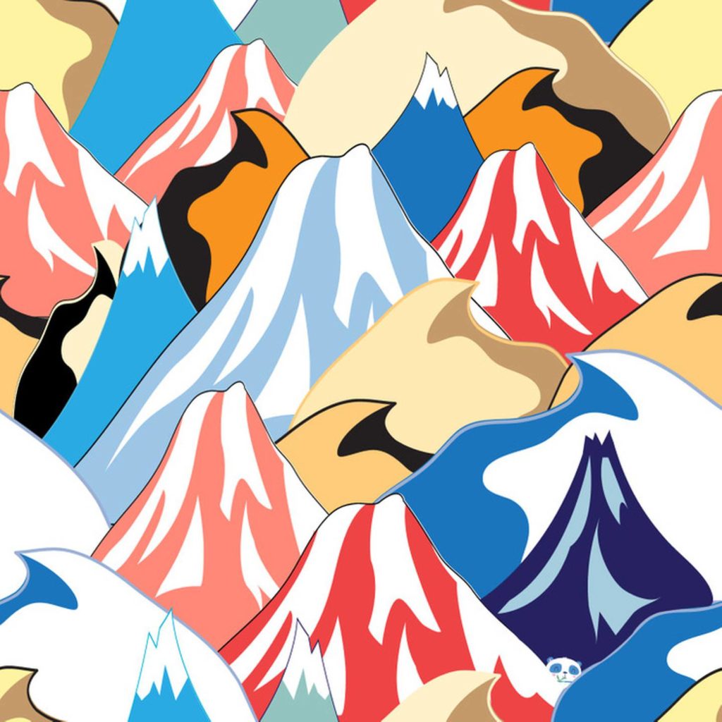 Ilustração colorida de montanhas estilizadas com um panda escondido entre elas
