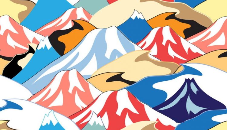 Desafio lógico com uma ilustração colorida de montanhas estilizadas com um panda escondido entre elas