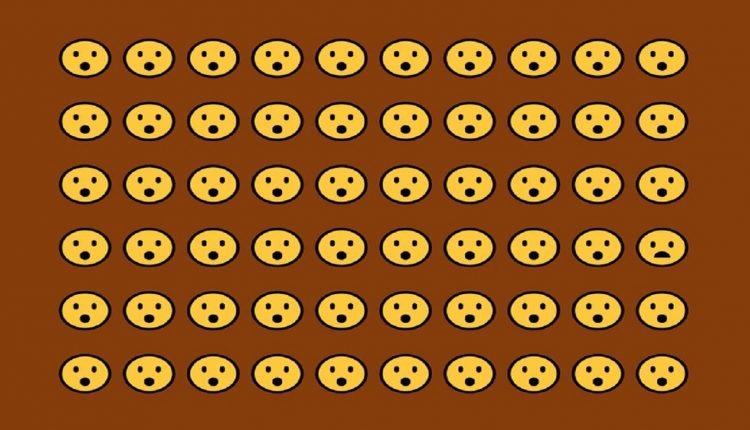 Desafio visual com uma grade de emojis com expressões surpresas, destacando um rosto triste no canto inferior direito.