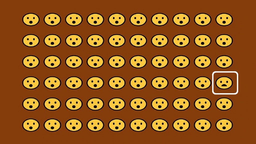 Desafio visual com uma grade de emojis com expressões surpresas, destacando um rosto triste no canto inferior direito.