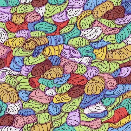Ilustração de várias toalhas coloridas com um cachorro escondido entre elas