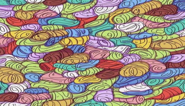 Desafio visual com ilustração de várias toalhas coloridas com um cachorro escondido entre elas