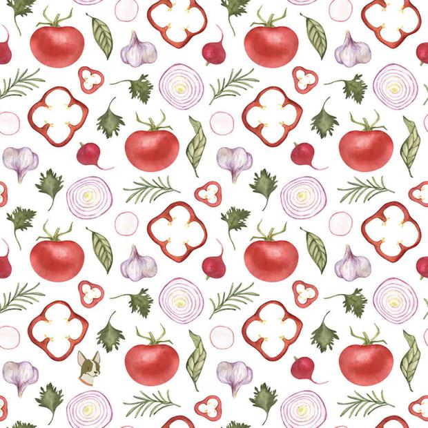 Ilustração de legumes e temperos desenhados em aquarela com um pequeno cão escondido entre os elementos.
