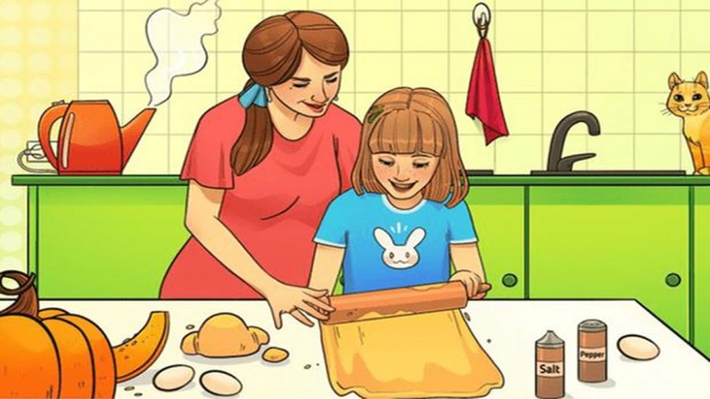 Desafio visual com uma ilustração de mãe e filha felizes preparando massa na cozinha, com ingredientes sobre a mesa e um gato ao fundo.