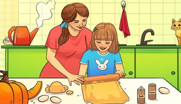 Desafio visual com uma ilustração de mãe e filha felizes preparando massa na cozinha, com ingredientes sobre a mesa e um gato ao fundo.