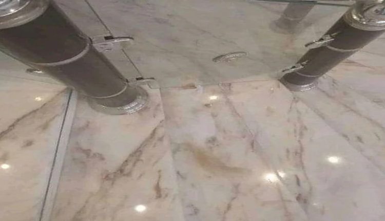 Desafio visual com uma imagem de piso e paredes de mármore com reflexos e um gato camuflado no canto, quase imperceptível.
