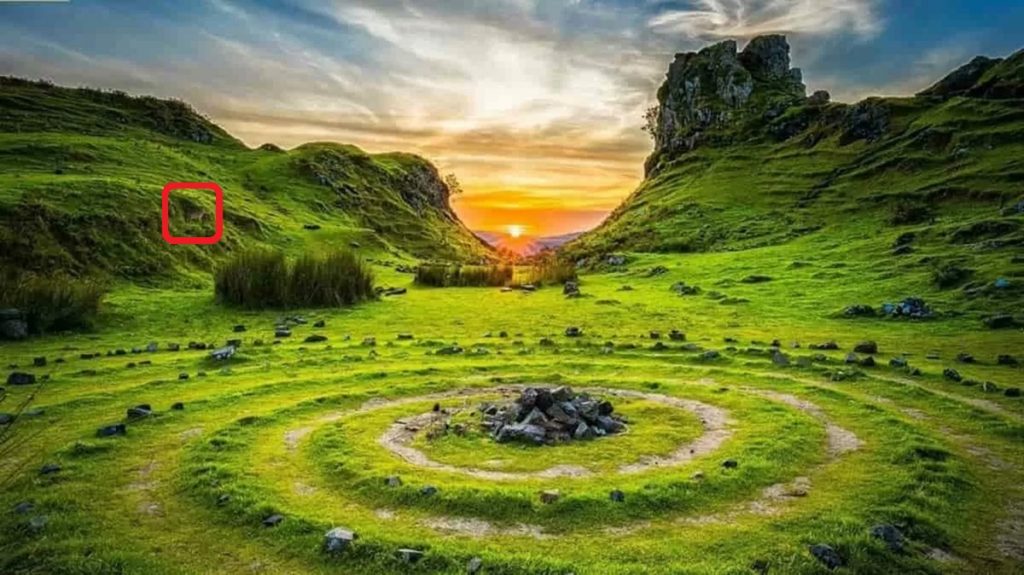 Solução do desafio visual com paisagem verde com um caminho de pedras em espiral, ao fundo um pôr do sol entre montanhas.
