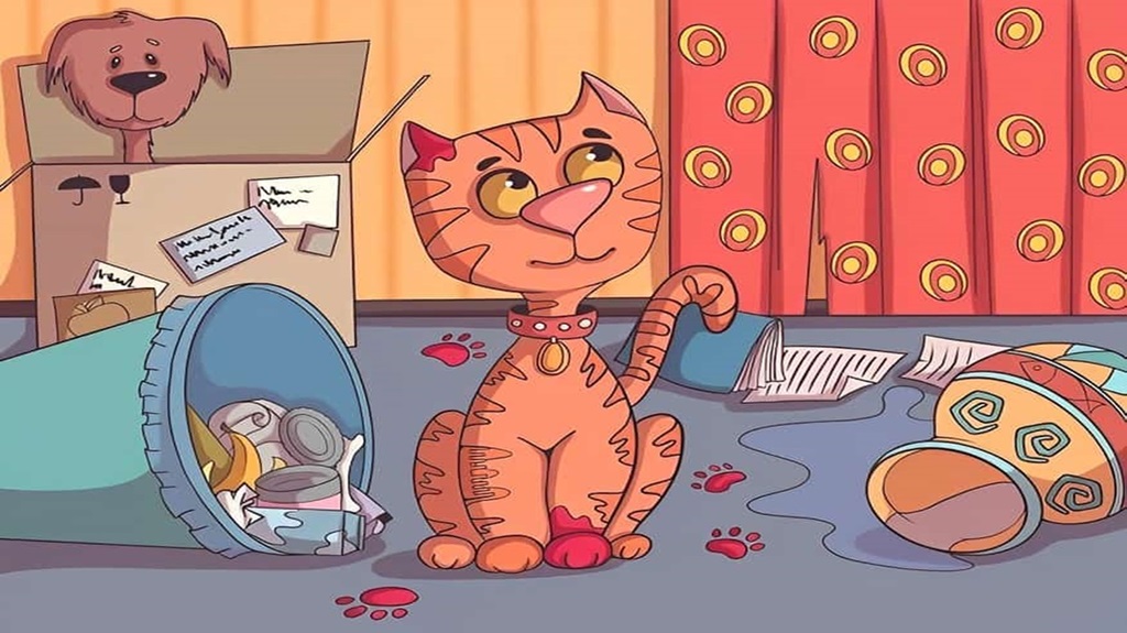 Cena divertida com gato bagunceiro, cachorro na caixa e objetos espalhados no chão