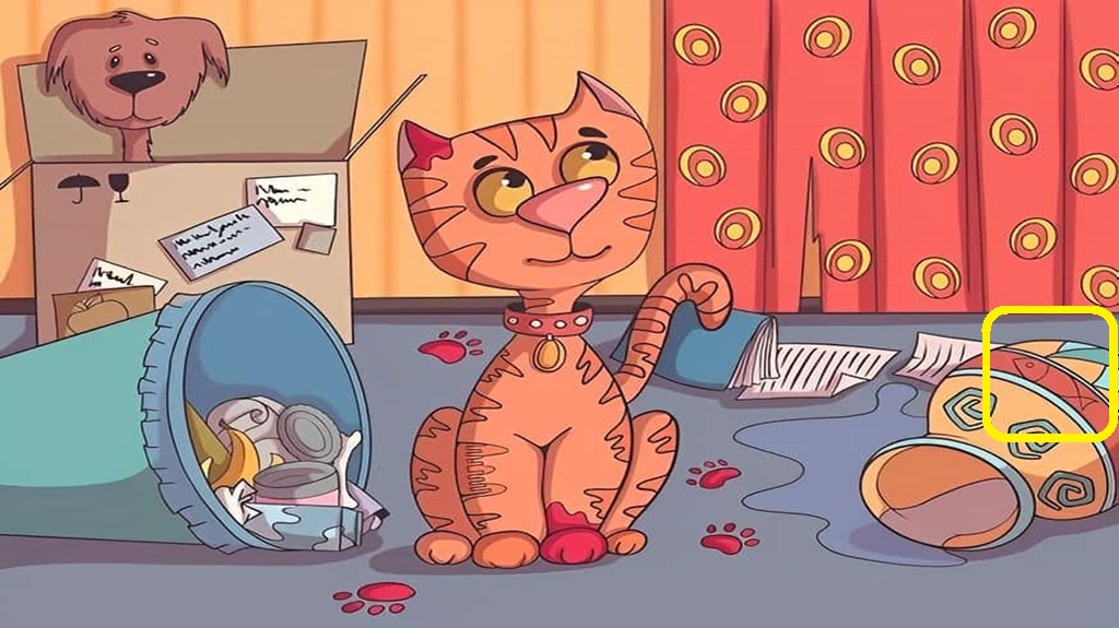 Solução do desafio visual com uma cena divertida com gato bagunceiro, cachorro na caixa e objetos espalhados no chão