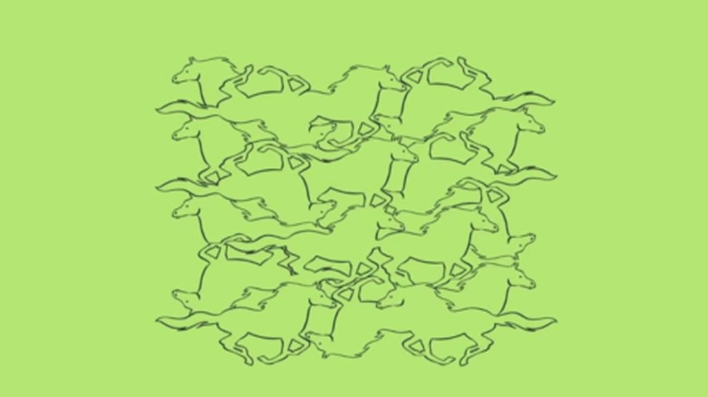 Desenho intrigante com vários cavalos sobrepostos; apenas três estão inteiros — você consegue achá-los? Desafio visual com contornos sobrepostos de cavalos desenhados em fundo verde claro.