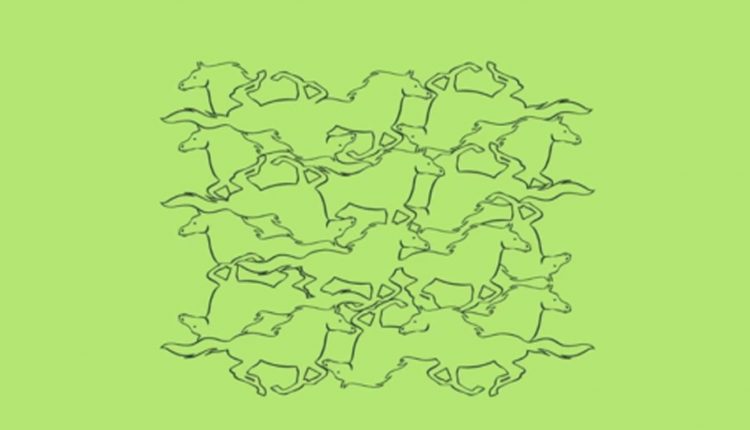 Desafio visual com contornos sobrepostos de cavalos desenhados em fundo verde claro.