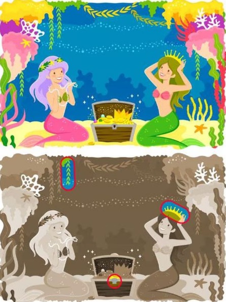 Solução do desafio visual com duas imagens de sereias: encontre as diferenças entre elas