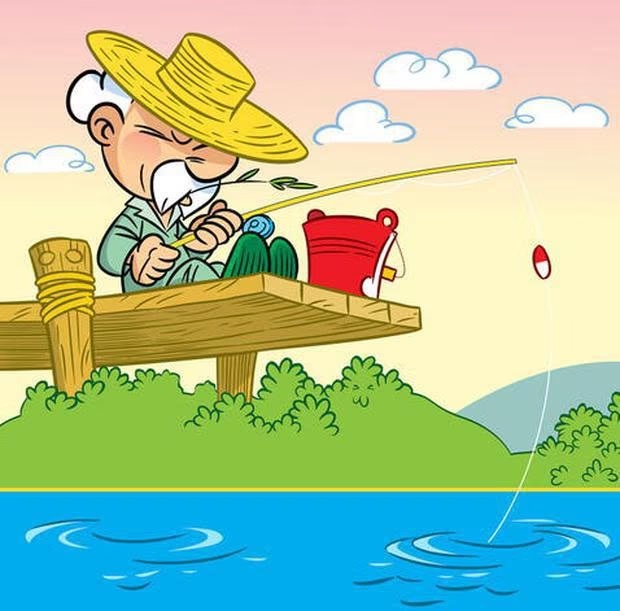 Desafio visual com desenho de um senhor pescando em um píer de madeira, com balde vermelho ao lado.