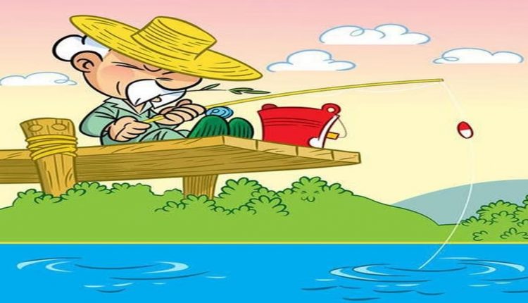 Desafio visual com desenho de um senhor pescando em um píer de madeira, com balde vermelho ao lado.